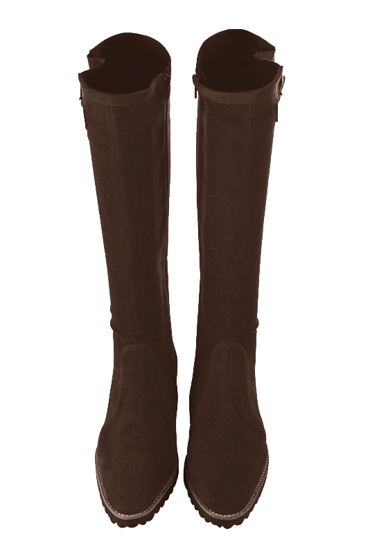 Dark brown women's knee-high boots with buckles. Round toe. Flat rubber soles. Made to measure. Top view - Florence KOOIJMAN